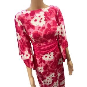 60s Ja-Na Watercolor Floral Pink White Hawaiian Gown Dress Angel Flare Sleeve